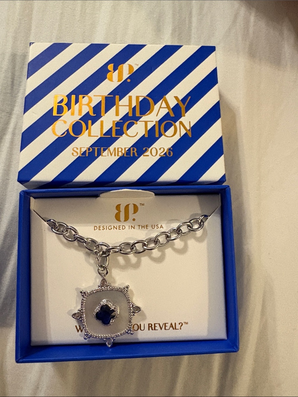 Birthday Collection Silver Charm Necklace with Blue Stone